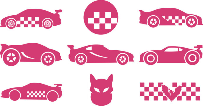 Collection of stylized racing cars and checkered flag icons in vibrant pink color isolated on transparent background