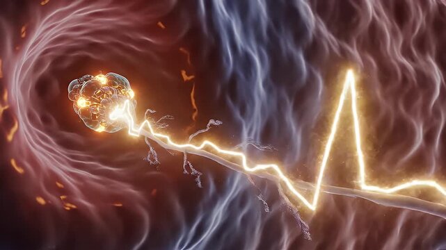 Abstract CGI Representation of Hypoxia Sensing Chemoreceptors Activating Neural Pathway with Electrical Signals within a Blood Vessel for Educational Medical Visualization on a Dark Background