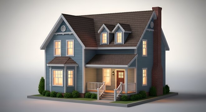 Modern two-story house with blue and brown exterior, white trim, front door, windows, and stairs architecture