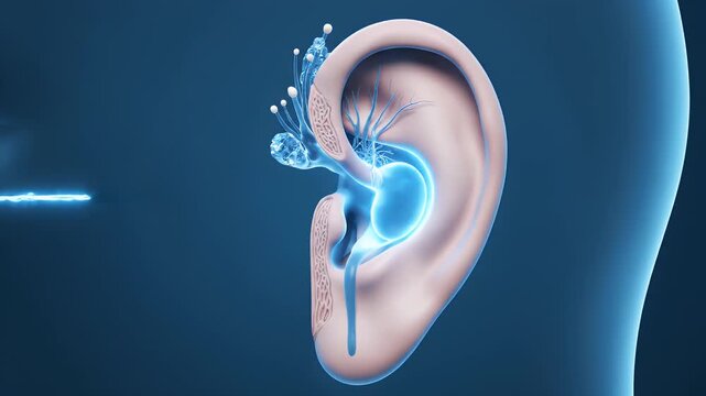 Abstract CGI Visualization of Human Ear Anatomy Demonstrating Underwater Sound Wave Transmission and Hearing Mechanism for Educational Medical and Healthcare Research Presentations on a Dark Blue