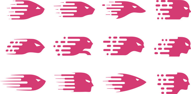 Set of stylized animated rocket ship icons with dynamic particle effects and speech bubble variations isolated on transparent background