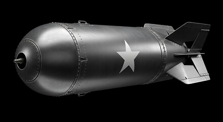 Naklejka premium A silver cylindrical aerial bomb with a white star and stabilizing fins against a black background