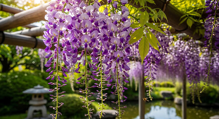 Obraz premium Cascading wisteria blooms hang beautifully from a trellis on transparent background