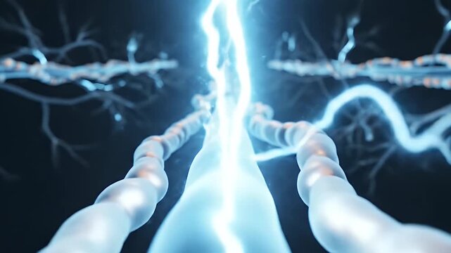 Abstract CGI Representation of Myelin Sheath Insulating an Axon with Electrical Signals on a Dark Background Ideal for Educational and Scientific Presentations