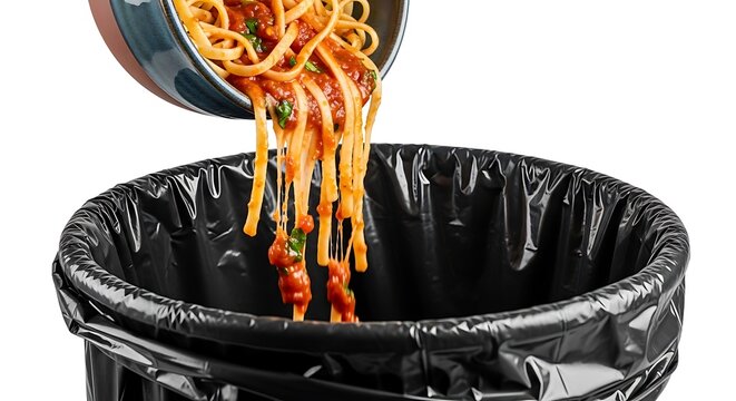 Spaghetti with tomato sauce being thrown away in a black trash can