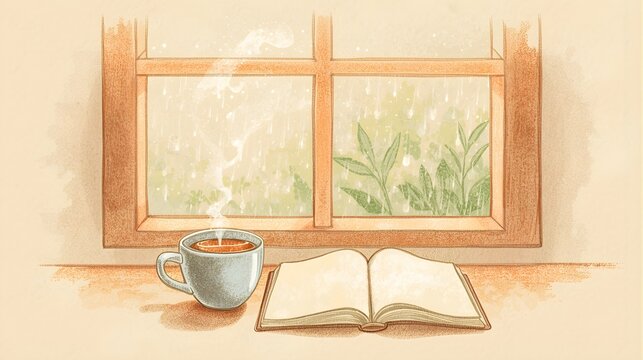 色鉛筆風 朝の読書とハーブティー 温かい癒しの時間