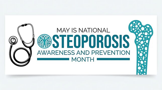 May is national osteoporosis awareness and prevention month banner with medical imagery