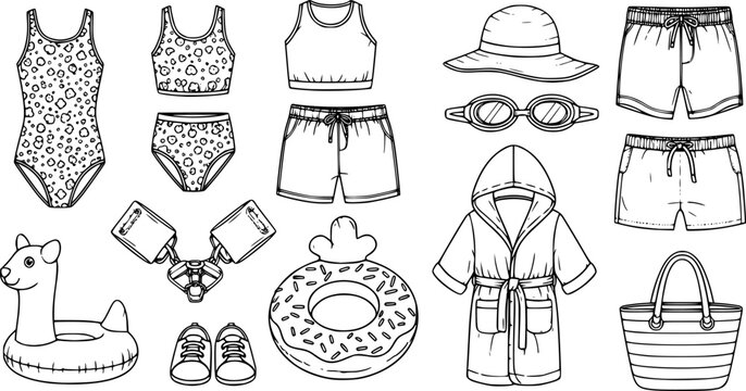 Collection of children's swimwear and beach accessories, including swimsuits, shorts, hat, goggles, armbands, swim shoes, towel robe, float, and beach bag