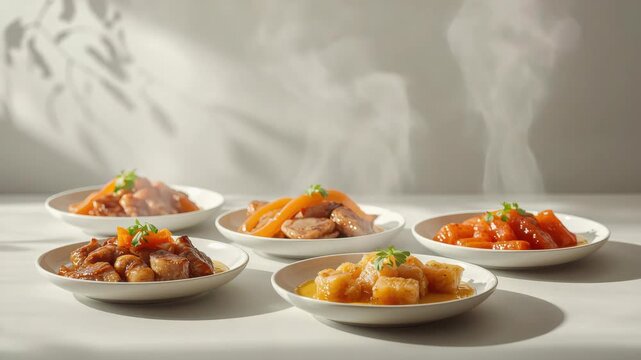 Steaming glazed fish and seafood appetizers with savory sauce, garnish white plates, steamed fish