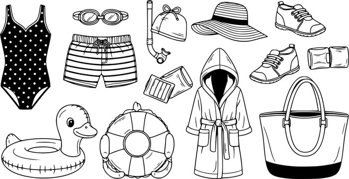 Collection of children's swimwear and beach accessories, including swimsuits, shorts, hat, goggles, armbands, swim shoes, towel robe, float, and beach bag