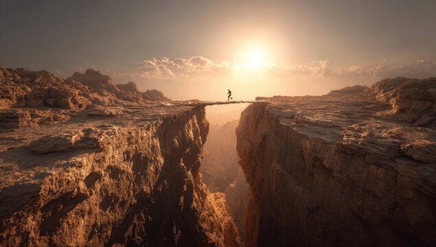 Person on narrow bridge over canyon at sunset, dramatic landscape