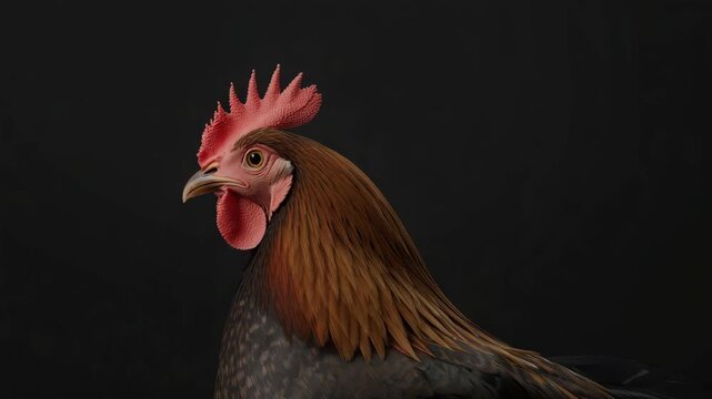 Brown rooster portrait with dramatic lighting, dark background, proud combed cock poultry bird