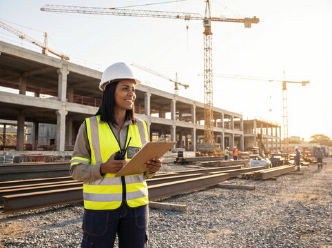 Female Construction Worker Inspecting Building Site with Cranes
