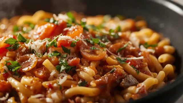 Hearty pasta with tomato sauce cherry tomato parsley and grated cheese warm savory