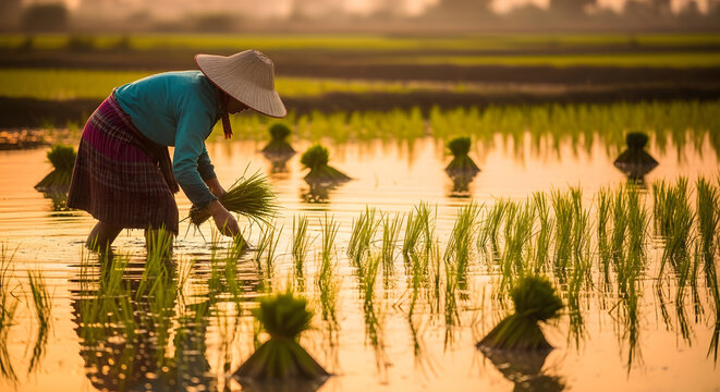 A person wearing a conical hat bending over to transplant young rice crops into water during a beautiful sunset in the countryside