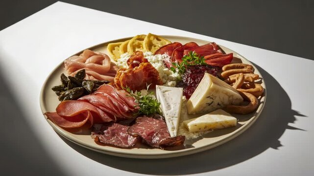 Charcuterie platter featuring cheese, cured meat, cracker, jam and prosciutto inviting arrangement