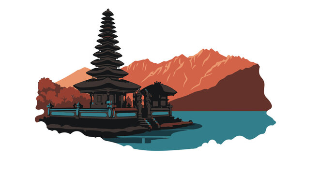Vector illustration of Pura Ulun Danu Beratan temple in Bali Indonesia