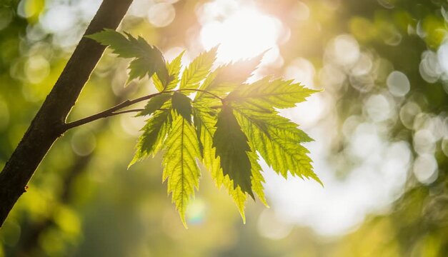 Close up of green maple leaves swaying in the wind with warm sunlight lens flare and soft bokeh background for nature wellness and tranquil atmosphere