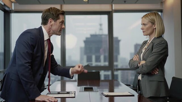 Male executive in dark suit gestures emphatically while discussing with female colleague in gray suit, both standing at a conference table in a modern office setting