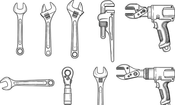 Hand tools set with wrench adjustable spanner pipe wrench and electric cutter detailed mechanical equipment vector line illustration collection