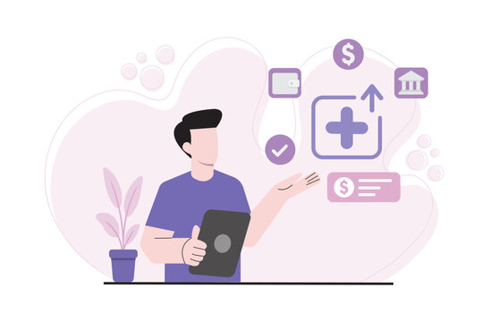 Man managing e-wallet assets and choosing top up options on a tablet. Illustration of integrated financial technology services.