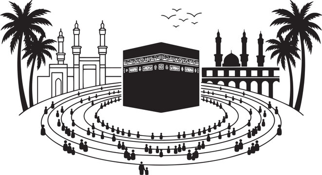 Pilgrims performing Tawaf around the Kaaba in Mecca, framed by palm trees and minarets , sacred, communal, and spiritually powerful black and white vector illustration
