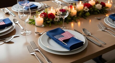 Fototapeta premium Festive independence day usa tablescape patriotic dinner setting for july 4th celebration