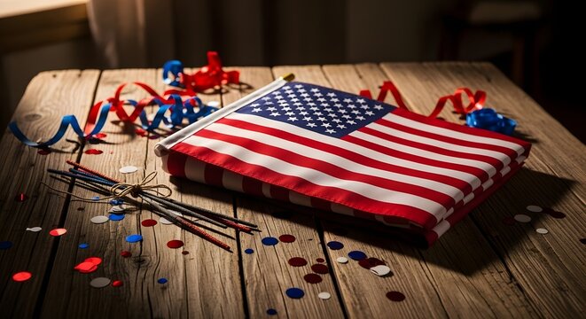 Festive independence day usa celebration american flag cake with patriotic decorations