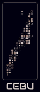 Cebu digital style map. Large roundedSquare dots on dark background. Dotted shape of the island. Cebu map and title. Vibrant vector illustration.