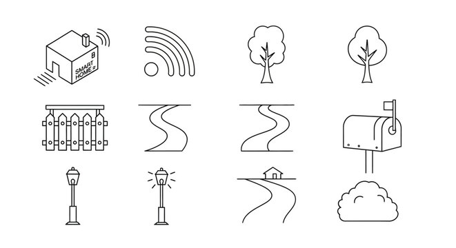 Set of smart home and suburban living line art icons