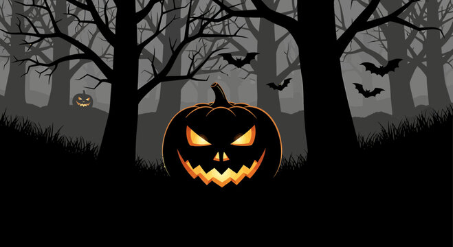 Spooky Halloween Forest Illustration with Glowing Jack O Lantern and Bats