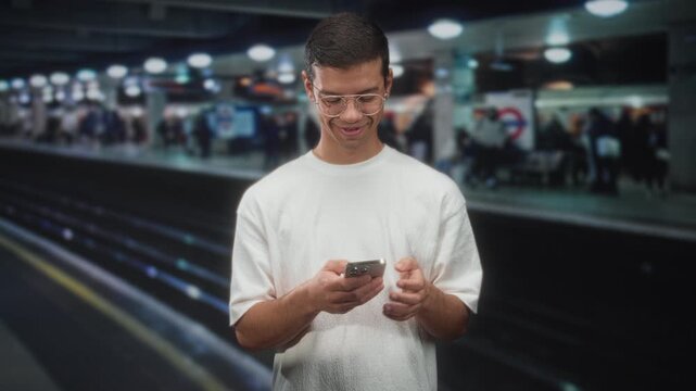Man holding smartphone in right hand with left hand over chest on subway station platform, smiling and texting; gratitude calm sincerity.