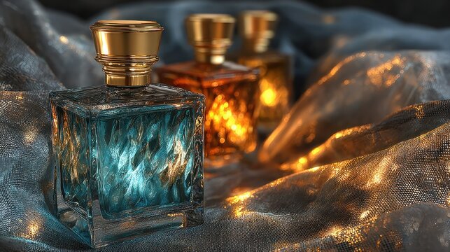 Elegant perfume bottles with shimmering fabric and warm golden light evoke luxury and sophistication