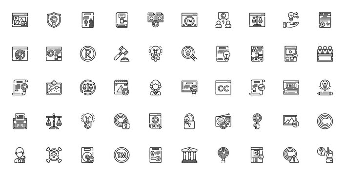 Copyright icon set. Vector illustration pack featuring content, patent, trademark, plagiarism, DMCA, intellectual property, law, protection, creativity, and more. Editable stroke icons.