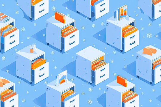 Isometric filing cabinets with folders on blue background with snowflakes