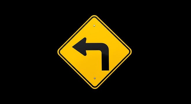 A yellow road sign with a black arrow indicating a left turn against a black background