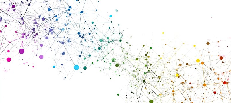 Colorful abstract network of connected dots and lines on a white background