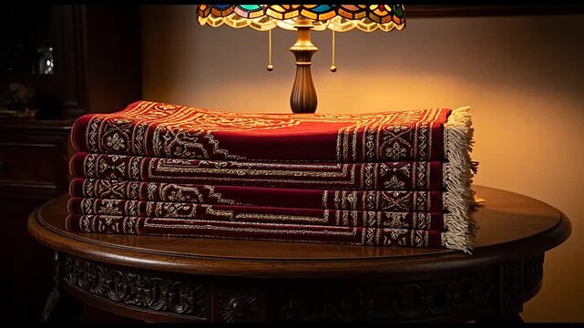 Stack of red prayer rugs on table under warm lamp