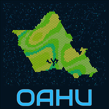 Oahu hexagon dots map. USA. Digital style shape of the island. Oahu map and title. Tiny green colored hexagons, sparse blue dots at background. Vector Illustration.