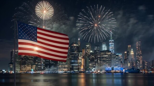 American flag waving in front of a vibrant city skyline at night with spectacular fireworks illuminating the sky, celebrating a national holiday.
