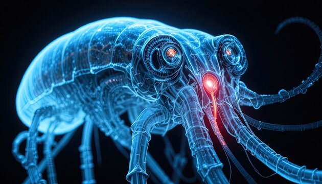 Cybernetic Isopod: Futuristic Robotic Crustacean Illustration with Intricate Blue Wireframe and Glowing Red Accents on Black Background