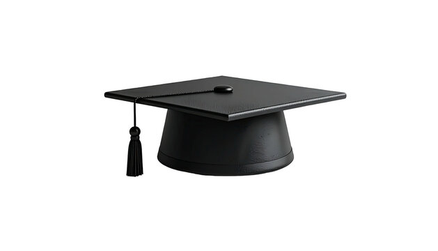 A black graduation cap with a tassel hangs on a white background