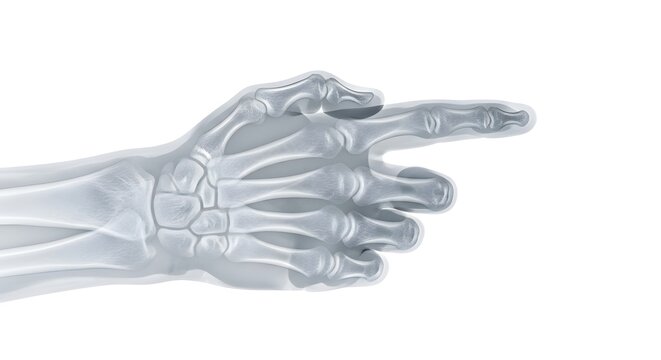 X-ray image of a human hand pointing with detailed skeletal structure visible on a white background.