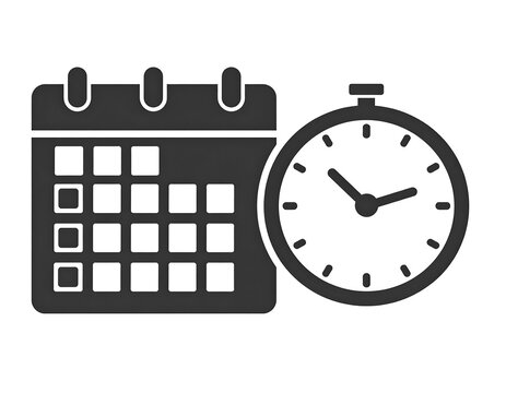 A monochrome graphic showing a calendar and stopwatch side-by-side, representing time management and scheduling