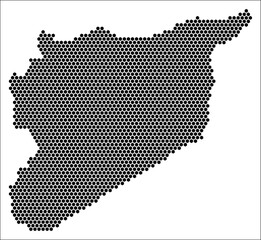 Fototapeta premium Syria hexagon map. Plain black and white dotted shape template. Country tiny hexagon cells. Syria flat honeycomb template. Vector Illustration.
