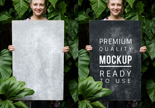 Mockup With Woman Holding Sign PSD
