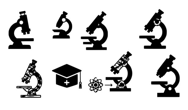 Modern glyph microscope icon collection for science laboratory research and education UI design vector set isolated on white background