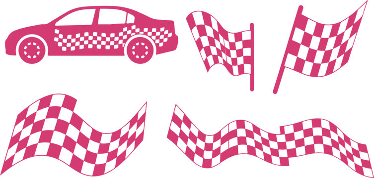 Colorful racing car and checkered flag icons set isolated on transparent background for sports design projects