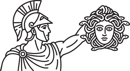 Naklejka premium Perseus in Corinthian Helmet Holding Medusa's Head, Classical Line Art Style Black and White Vector Illustration 