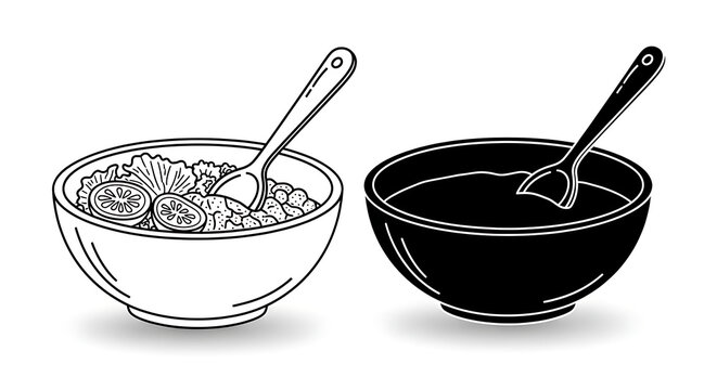 Black and white illustration of two bowls with spoons and food